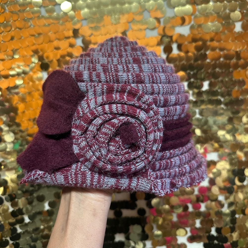 Chic Burgundy Knit Cloche Hat with Rose Detail